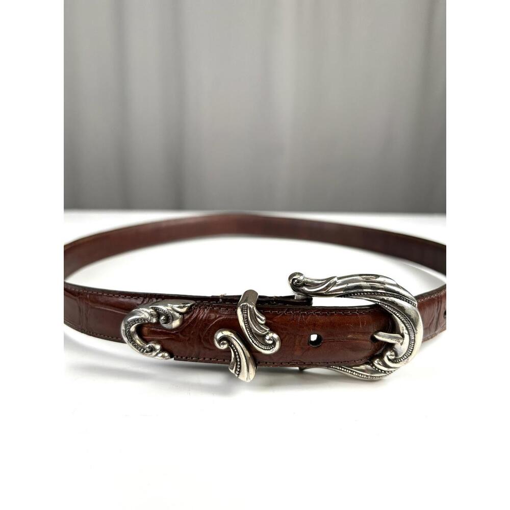 Brighton Women's Allegro Swirl Silver Leather Belt Sz L Boho Western Rodeo